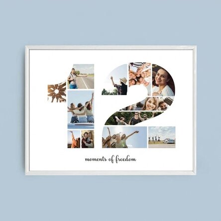 Personalised landscape canvas with 12 photos, model number 12 and text message