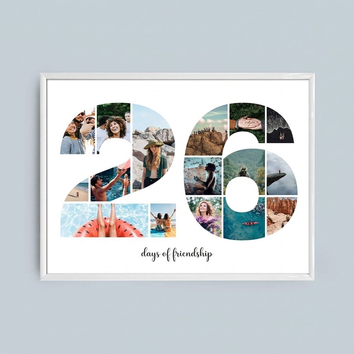 Personalised landscape canvas with 16 photos, model number 26, and text message