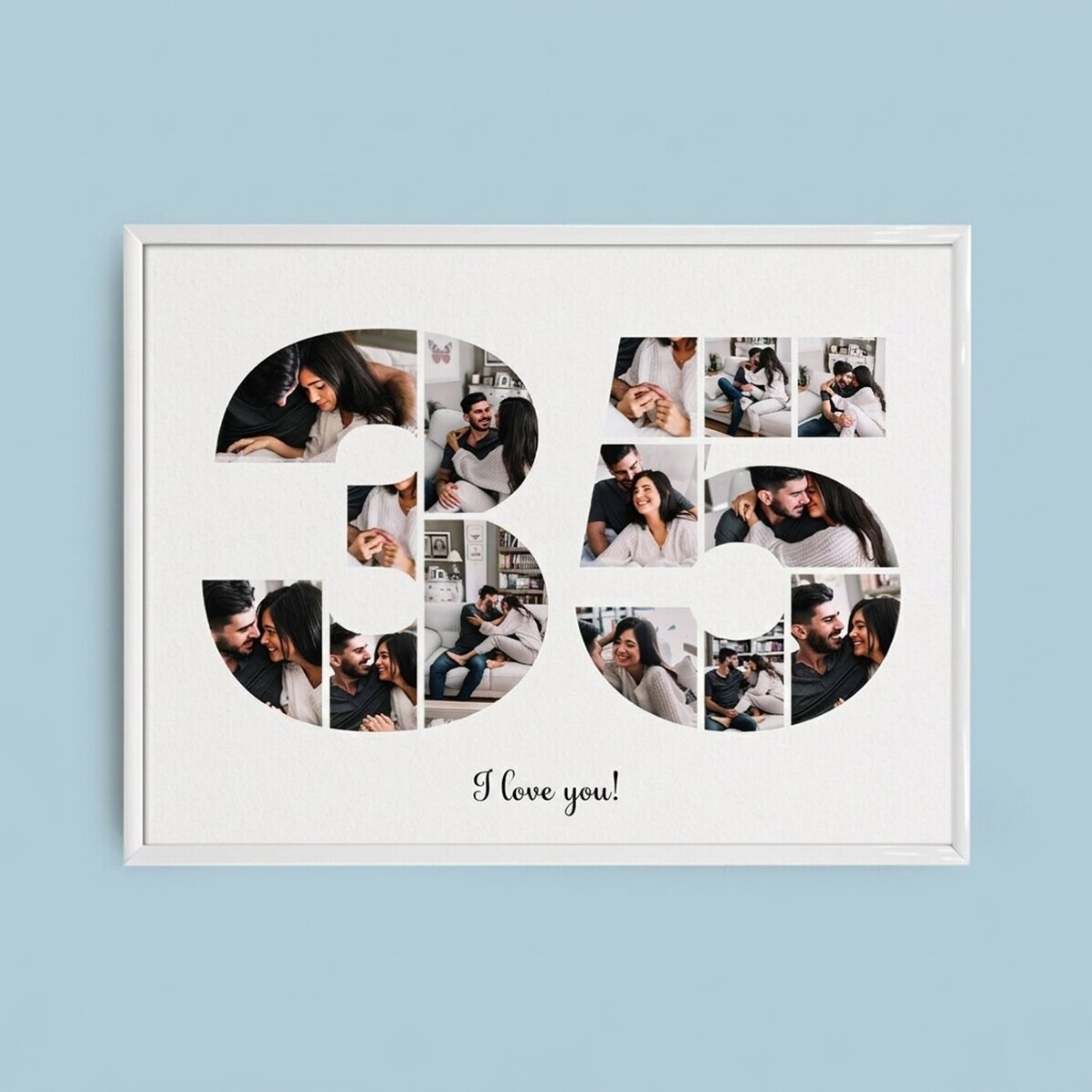 Personalised landscape canvas with 14 photos, model number 35, and text message