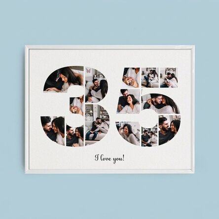 Personalised landscape canvas with 14 photos, model number 35, and text message