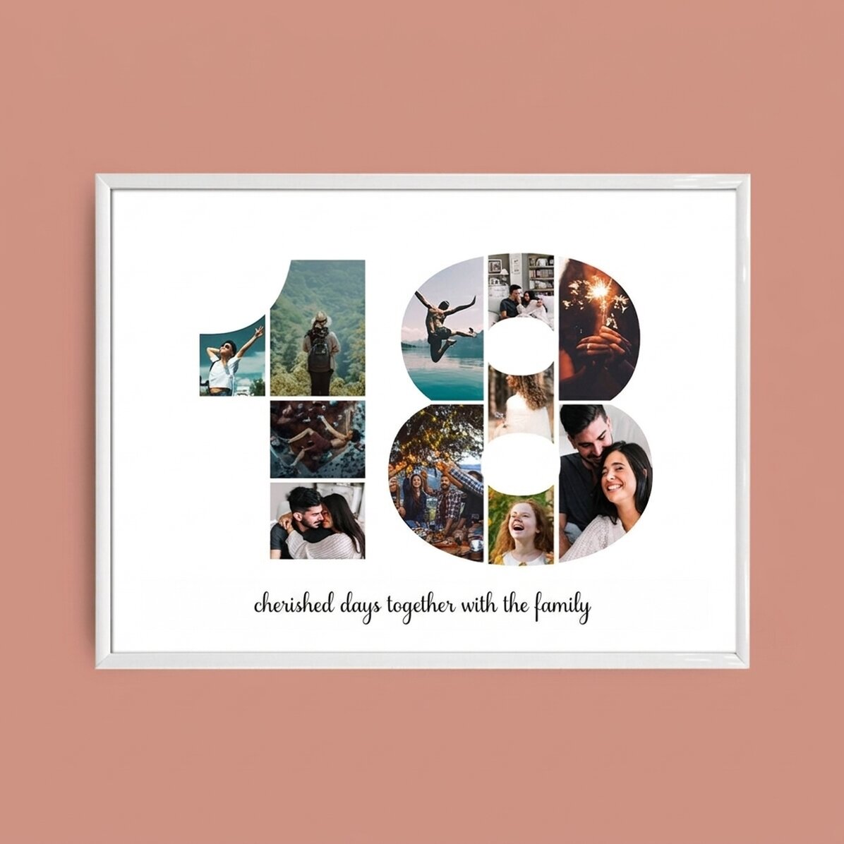 Personalised landscape canvas with 11 photos, model number 18, and text message