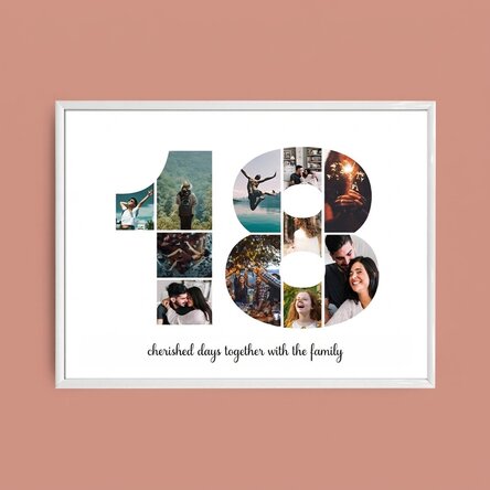 Personalised landscape canvas with 11 photos, model number 18, and text message