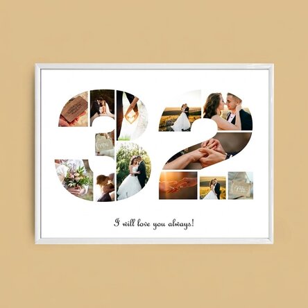 Personalised landscape canvas with 13 photos, model number 32, and text message