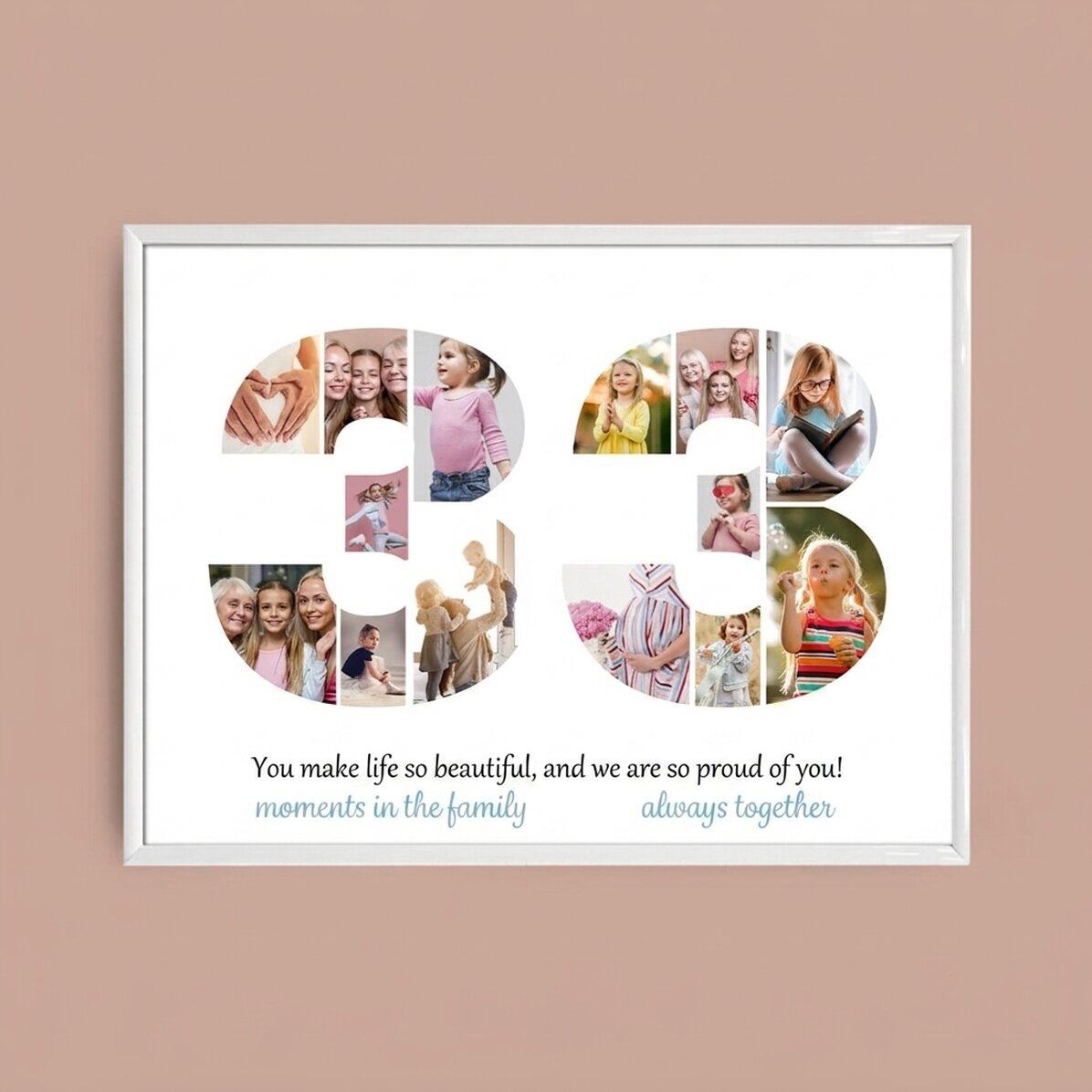 Personalised landscape canvas with 14 photos, model number 33, and text message