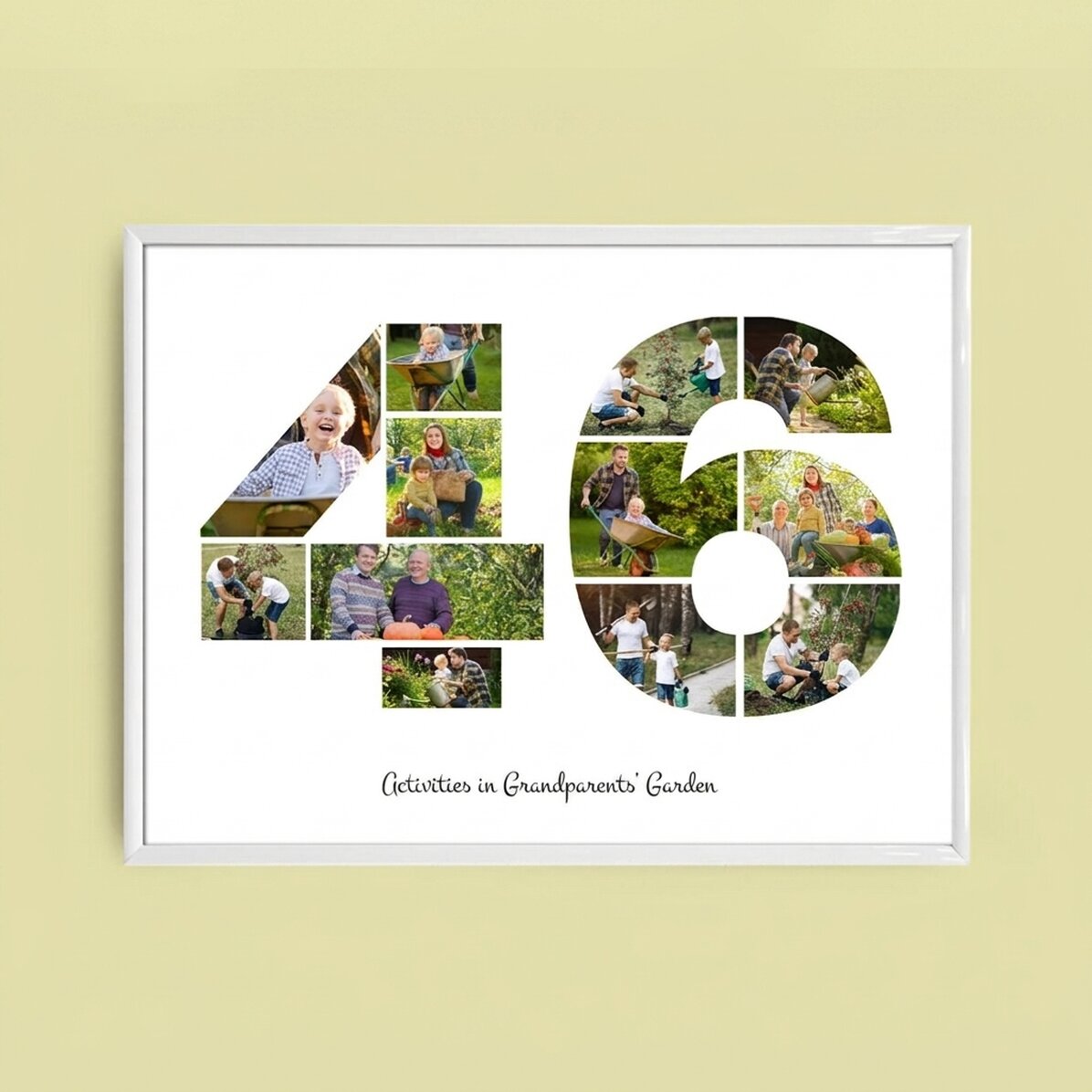 Personalised landscape canvas with 12 photos, model number 46, and text message