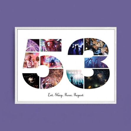 Personalised landscape canvas with 11 photos, model number 53, and text message
