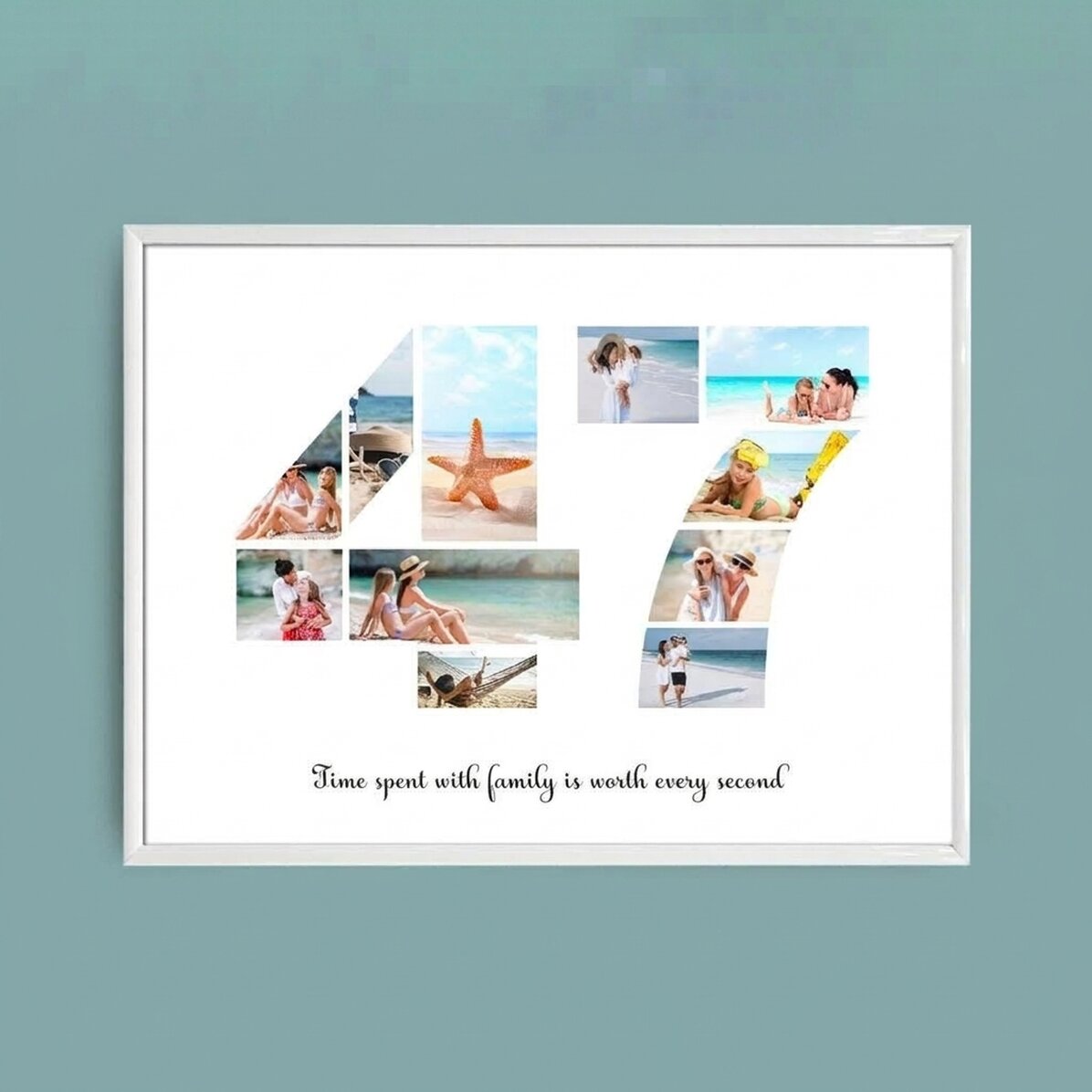 Personalised landscape canvas with 11 photos, model number 47, and text message