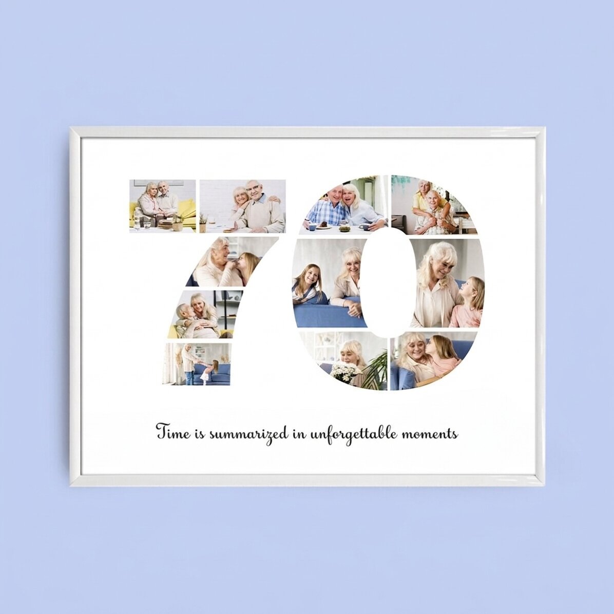 Personalised landscape canvas with 11 photos, model number 70, and text message