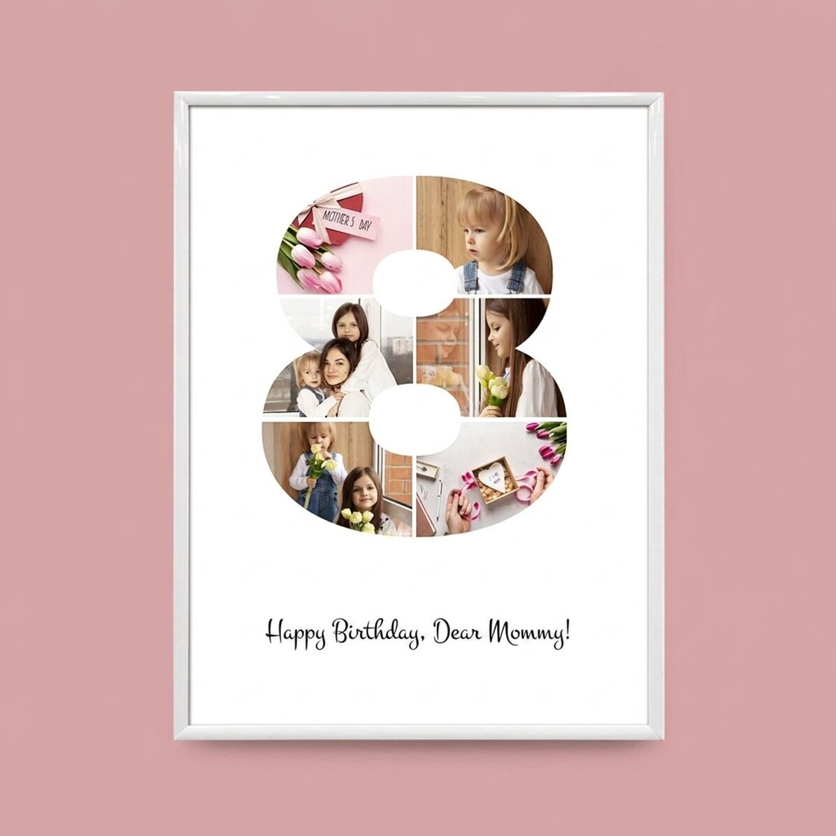 Personalised canvas with 6 photos, model number 8, and text message