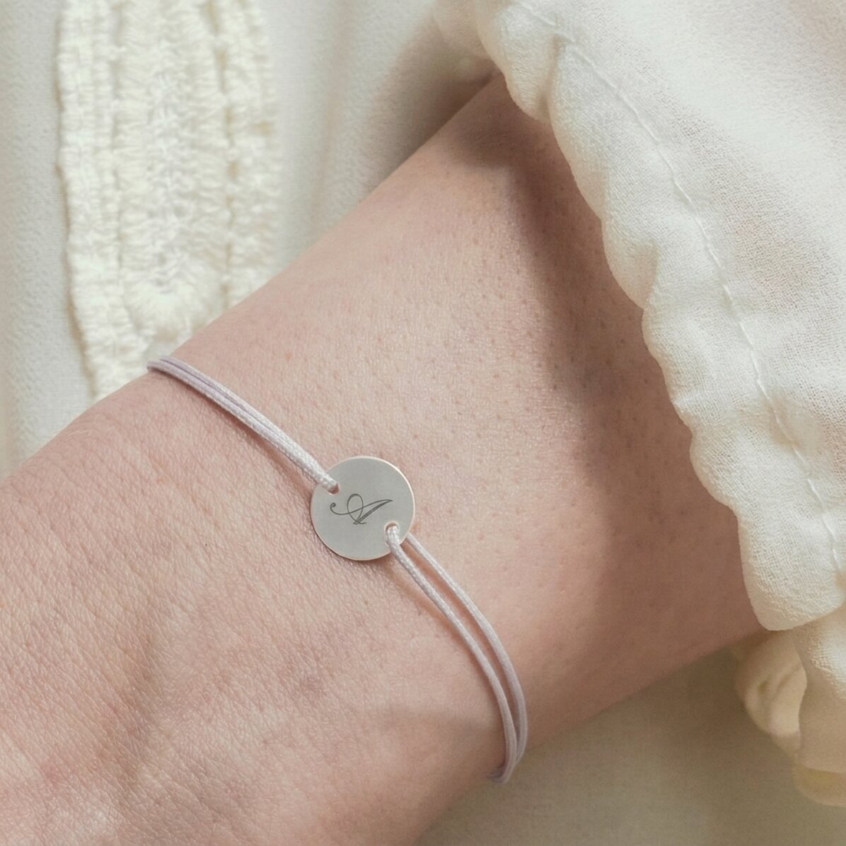 Personalised cord bracelet - 10 mm bead - 925 silver - initial model 2