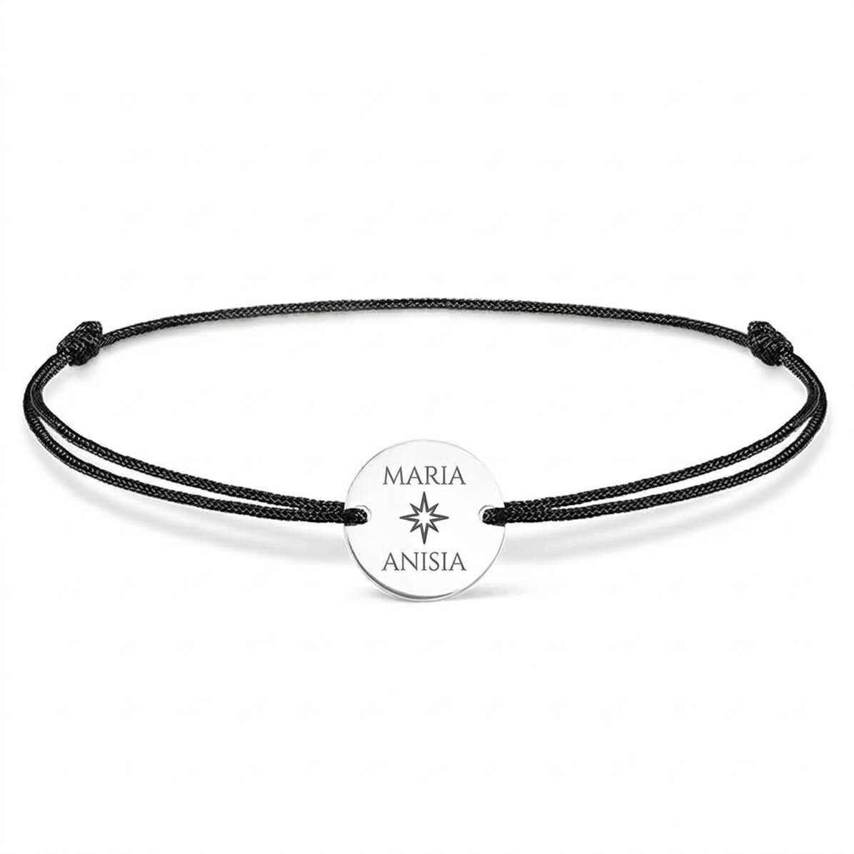 Personalised cord bracelet - 14 mm bead - 925 silver - star design with 2 names