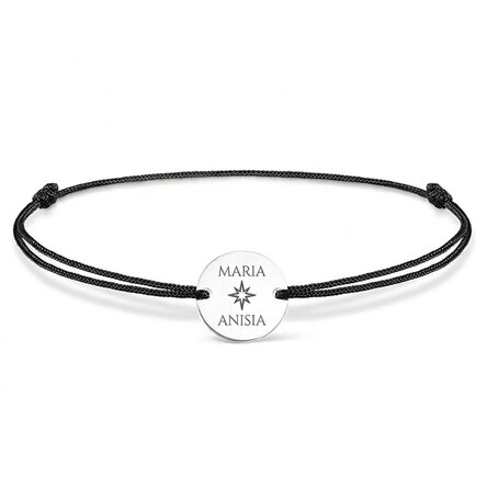 Personalised cord bracelet - 14 mm bead - 925 silver - star design with 2 names