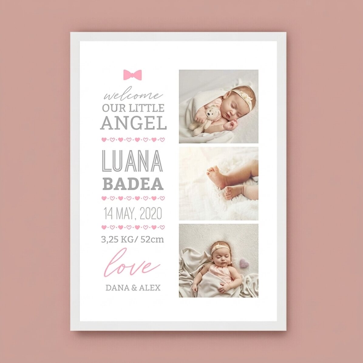 Personalised canvas with text and 3 photos - Hello, baby (Girl)