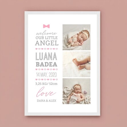 Personalised canvas with text and 3 photos - Hello, baby (Girl)