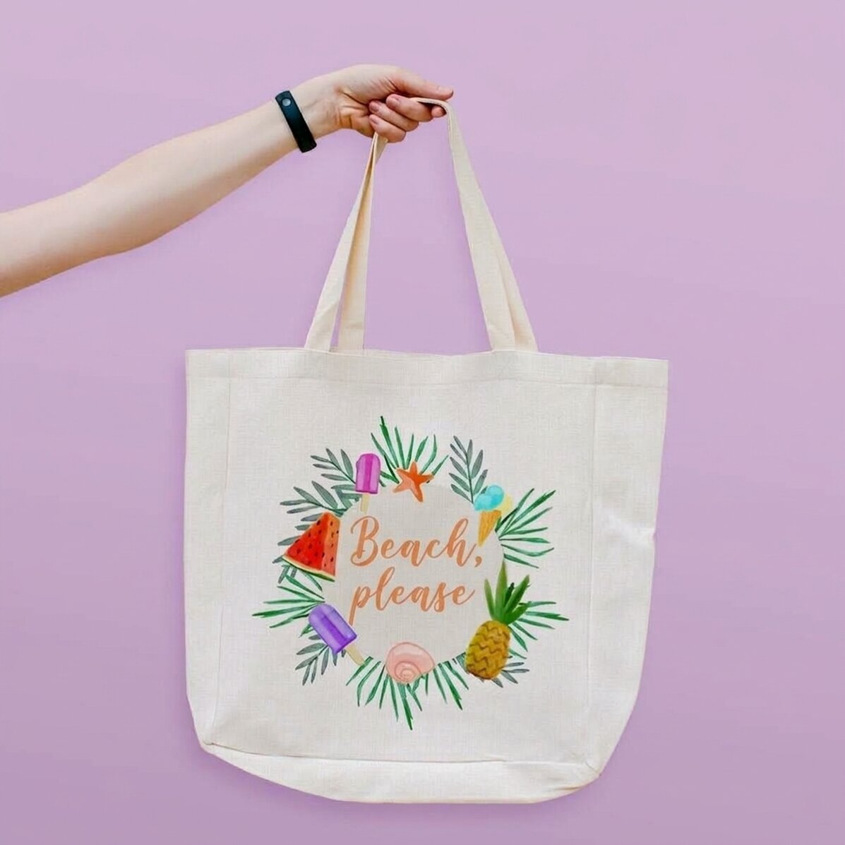 Personalised beach bag with text - Beach please model summer freeze