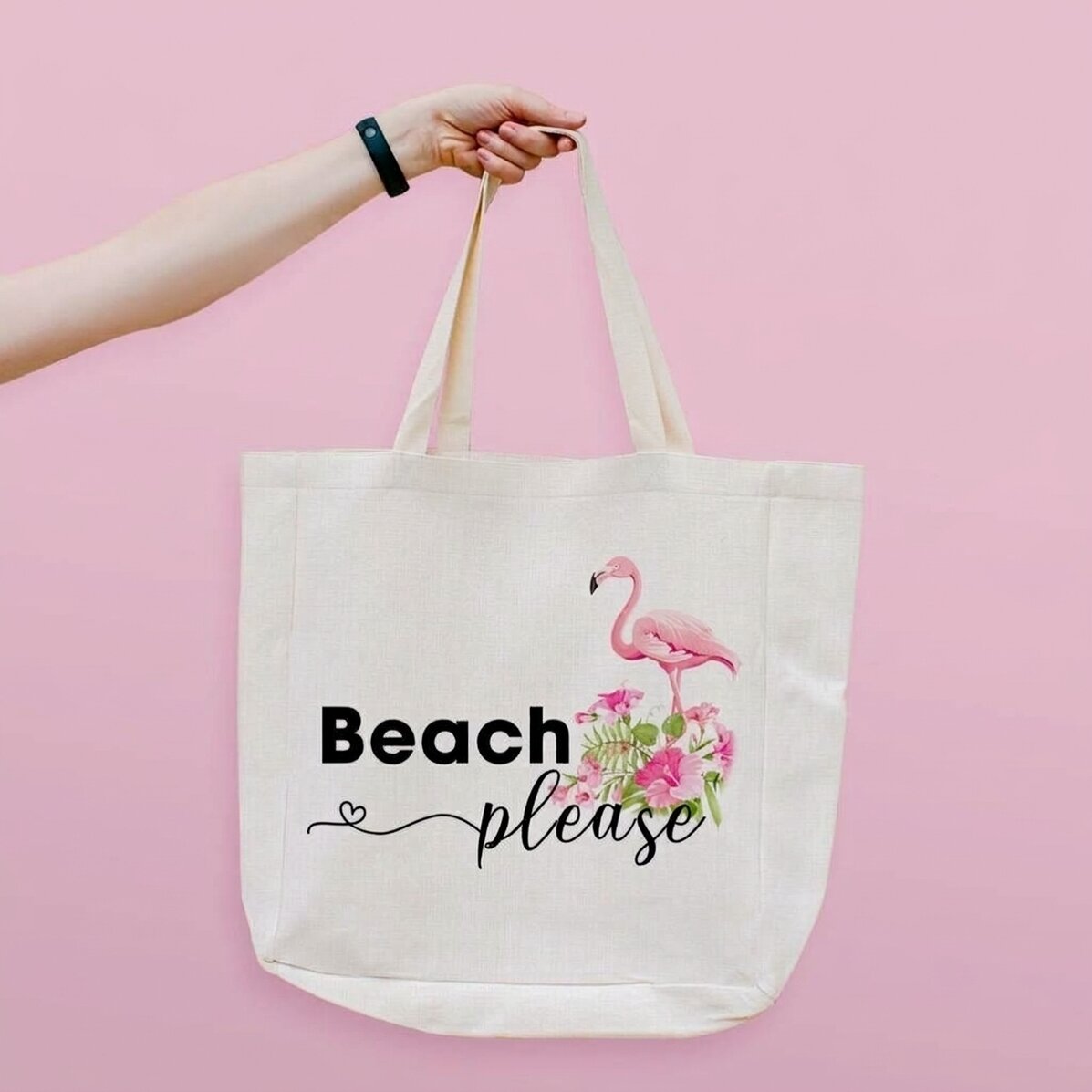 Personalised beach bag with text - Beach please flamingo model