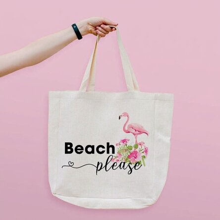 Personalised beach bag with text - Beach please flamingo model