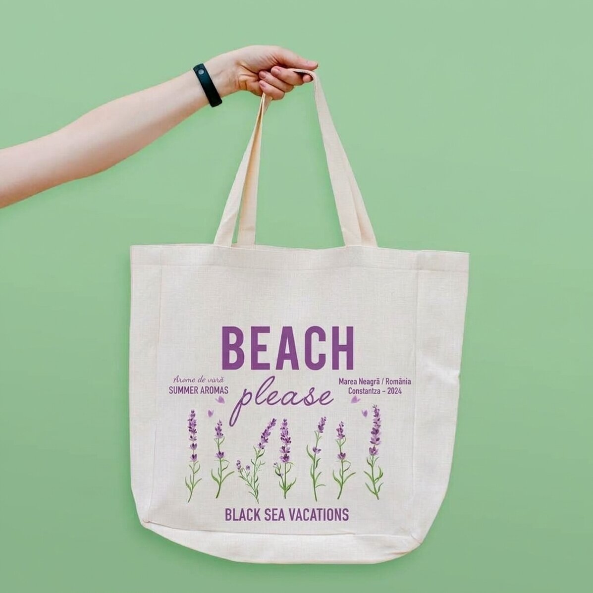 Personalised beach bag with text - Beach please lavender model