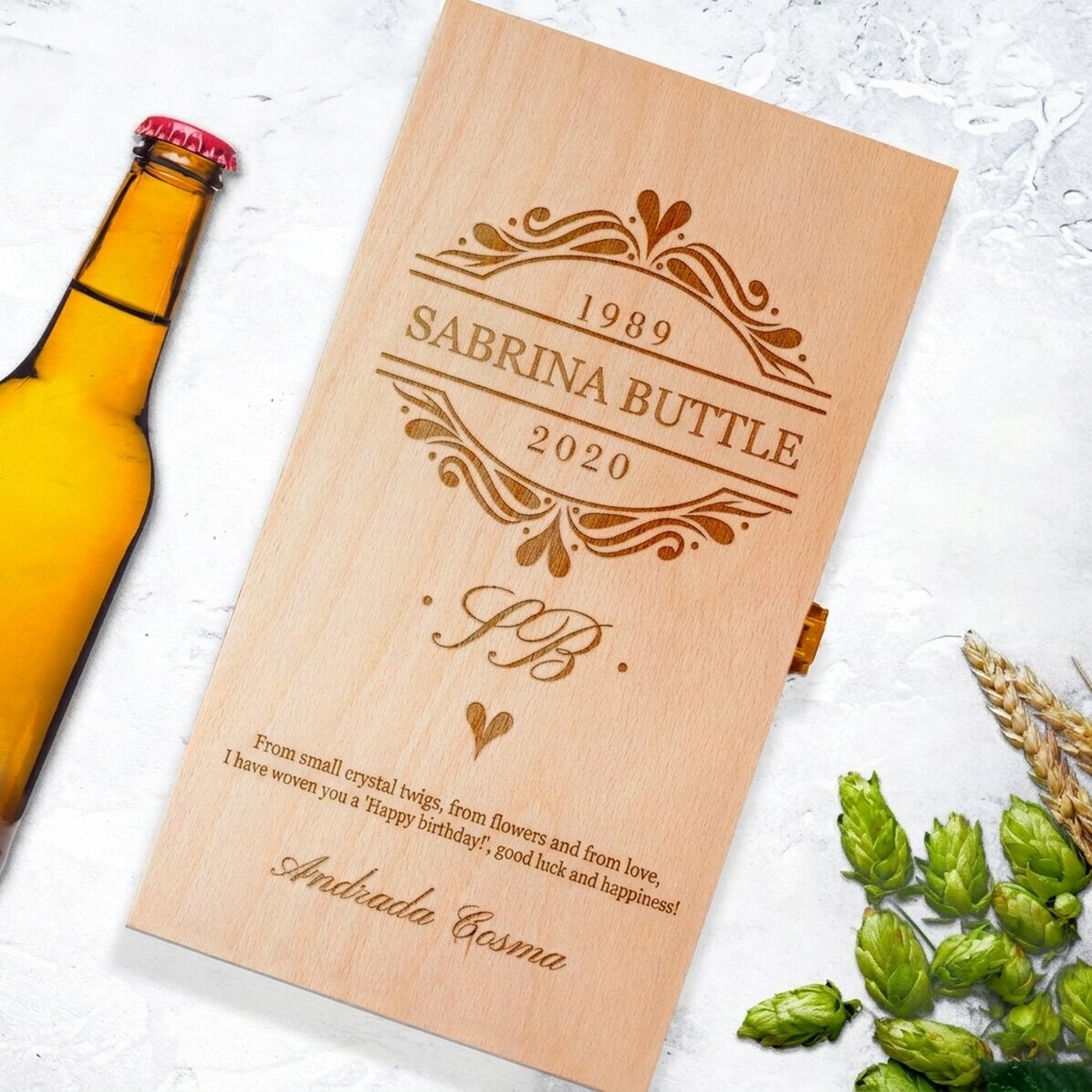 Personalised beer box for three bottles - Elegant initials
