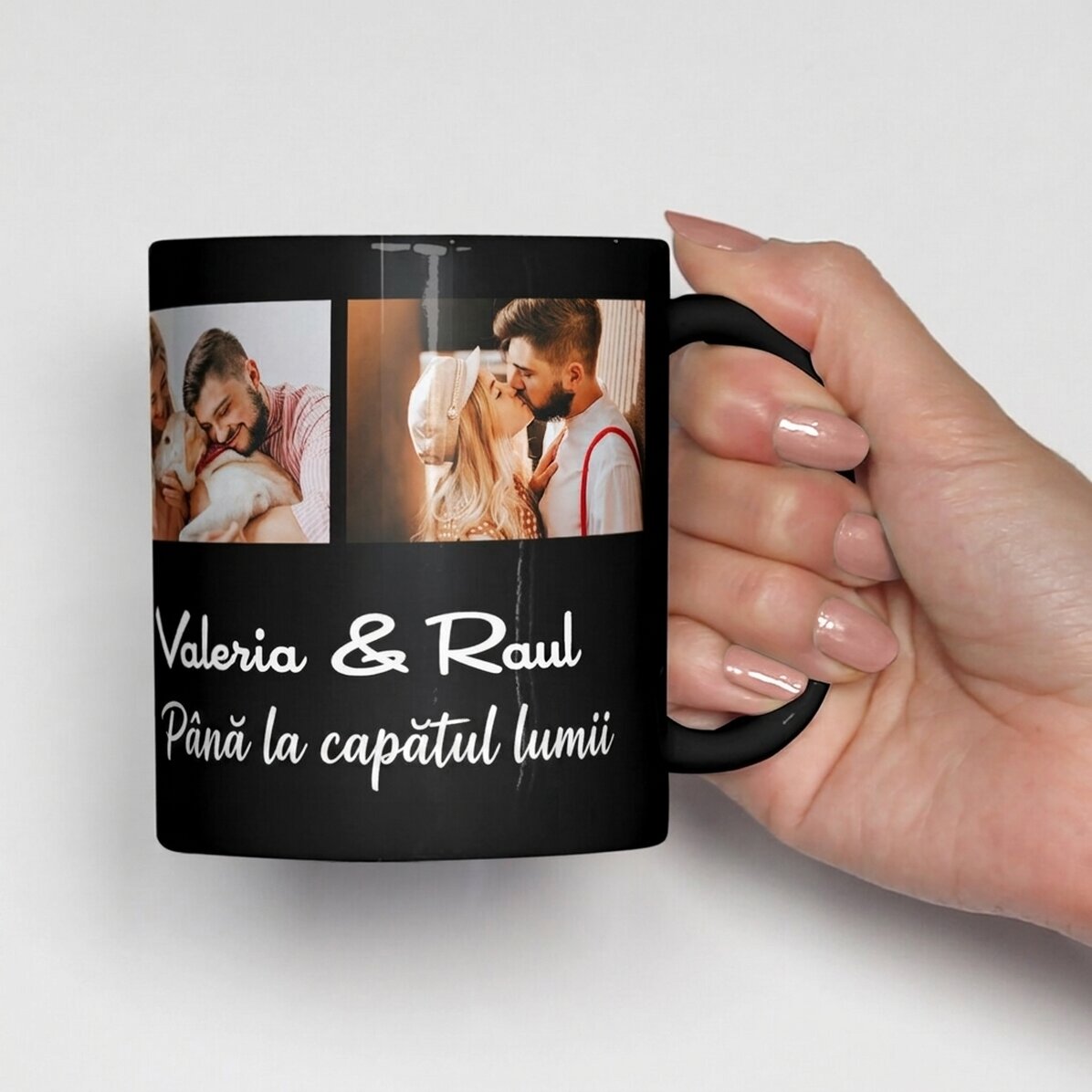 Personalised black mug with 3 photos and text upload