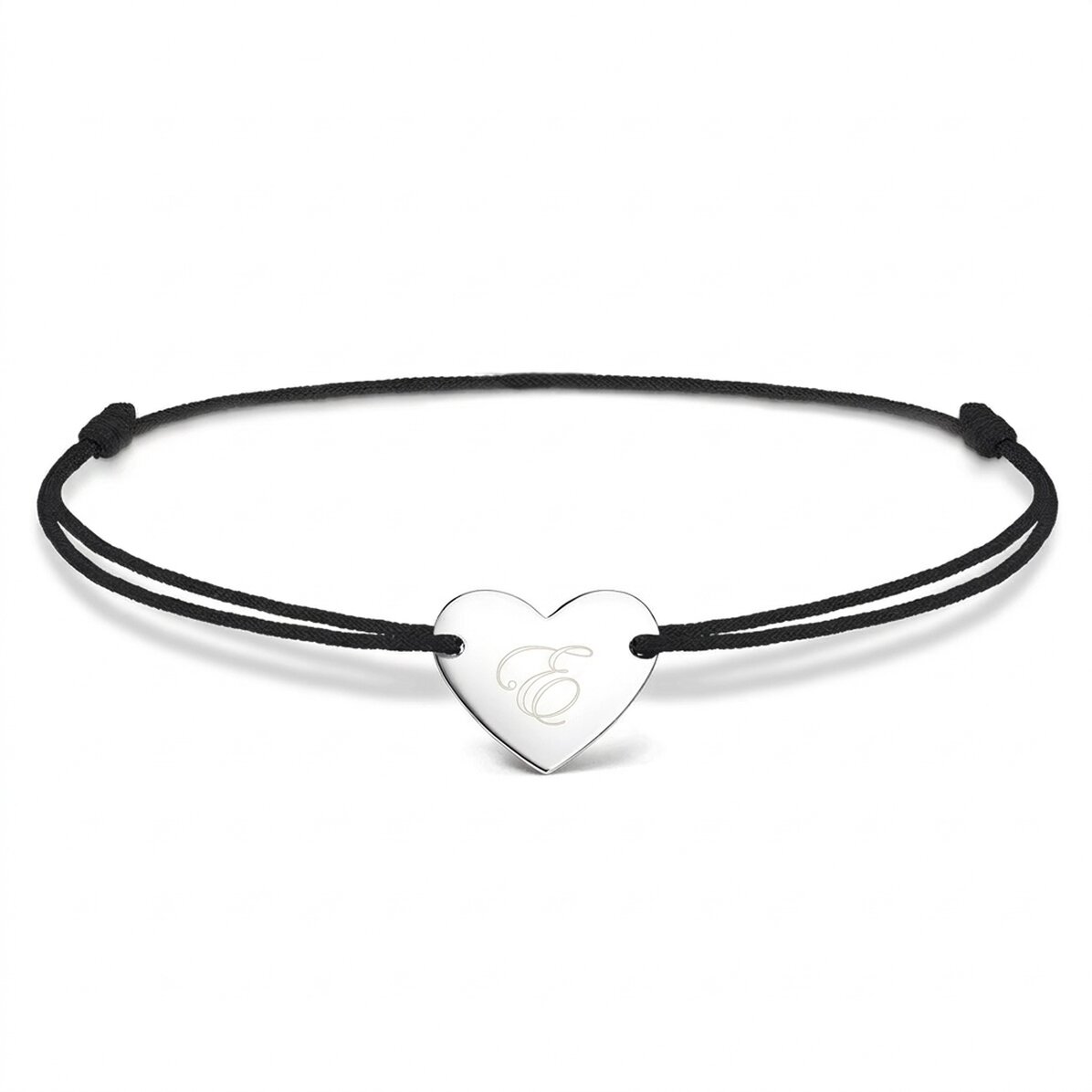 Personalised cord bracelet - heart 12x10 mm - 925 silver - initial model 2