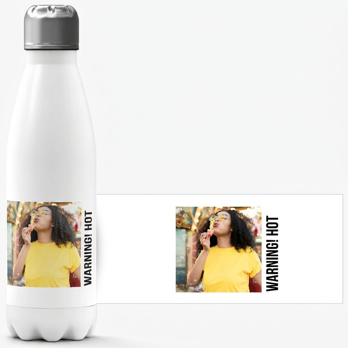 Thermos with white base personalised with a photo and text
