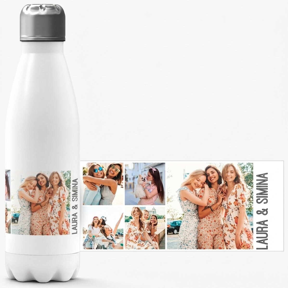 Thermos with white base personalised with 5 photos and text