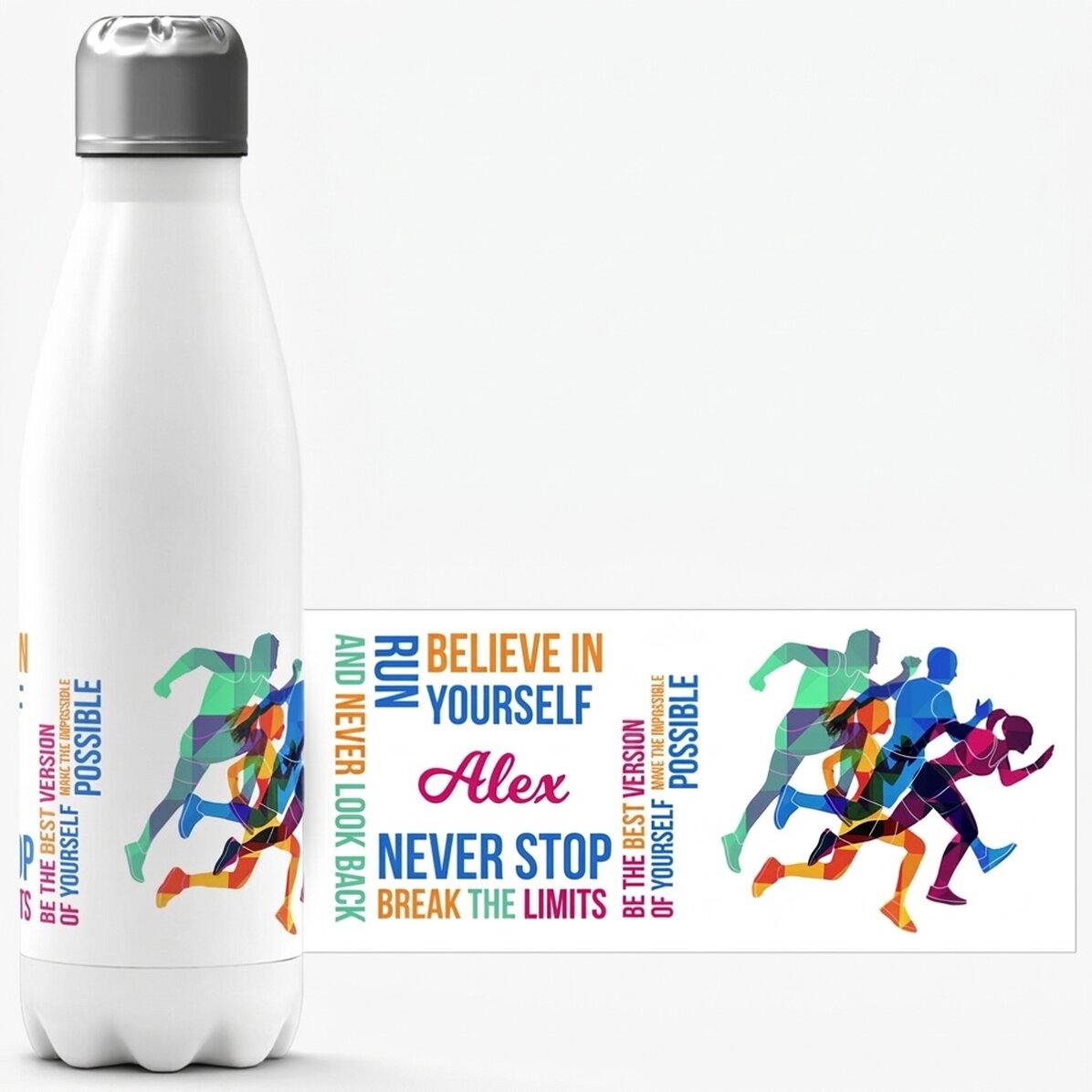Thermos flask with white base, personalised with name - Runner