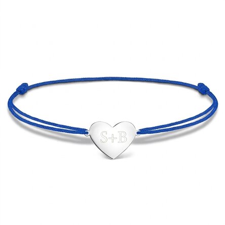 Personalised cord bracelet - heart 15x13 mm - 925 silver - 2 initials