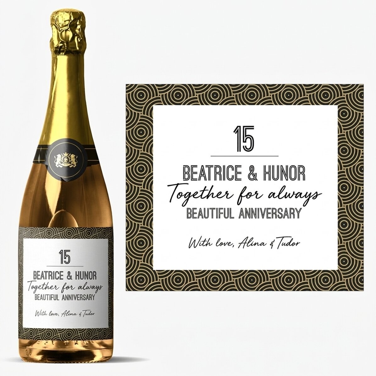 Personalised sparkling wine with text - Art deco