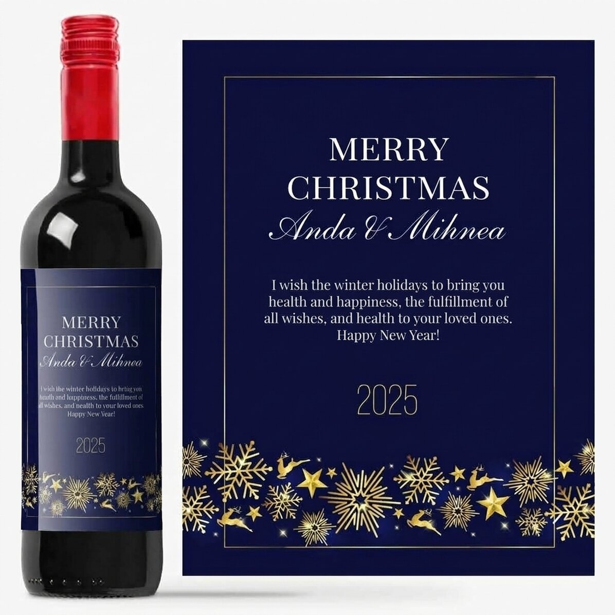 Personalised wine with text - Golden Snowflakes