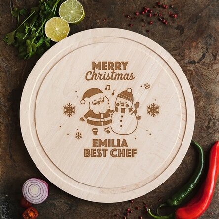 Personalised Round Chopping Board - Santa & The Snowman