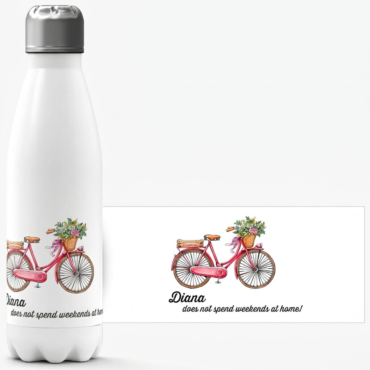 Thermos with white base personalised with text - retro bicycle model