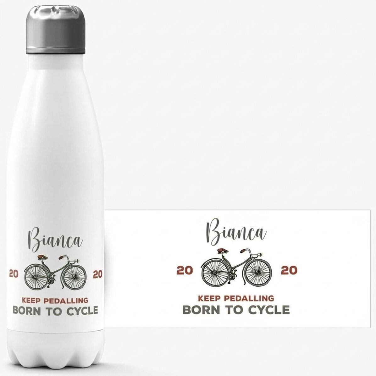 Thermos with white base personalised with name and text - Bicycle