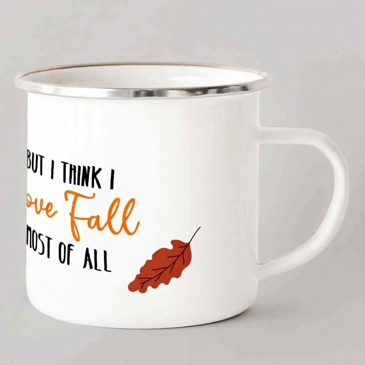 Enamelled metal mug with text - I love fall