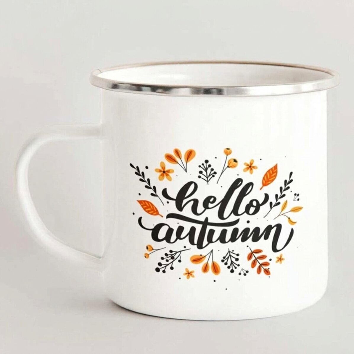 Enamelled metal mug with text - hello autumn