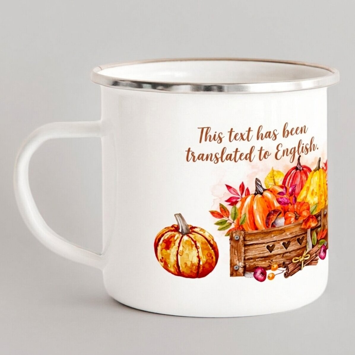 Enamelled metal mug with text - Hello, pumpkin