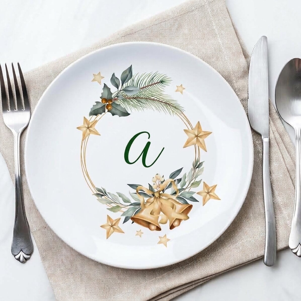 Personalised plate with initial - Golden Christmas Bells