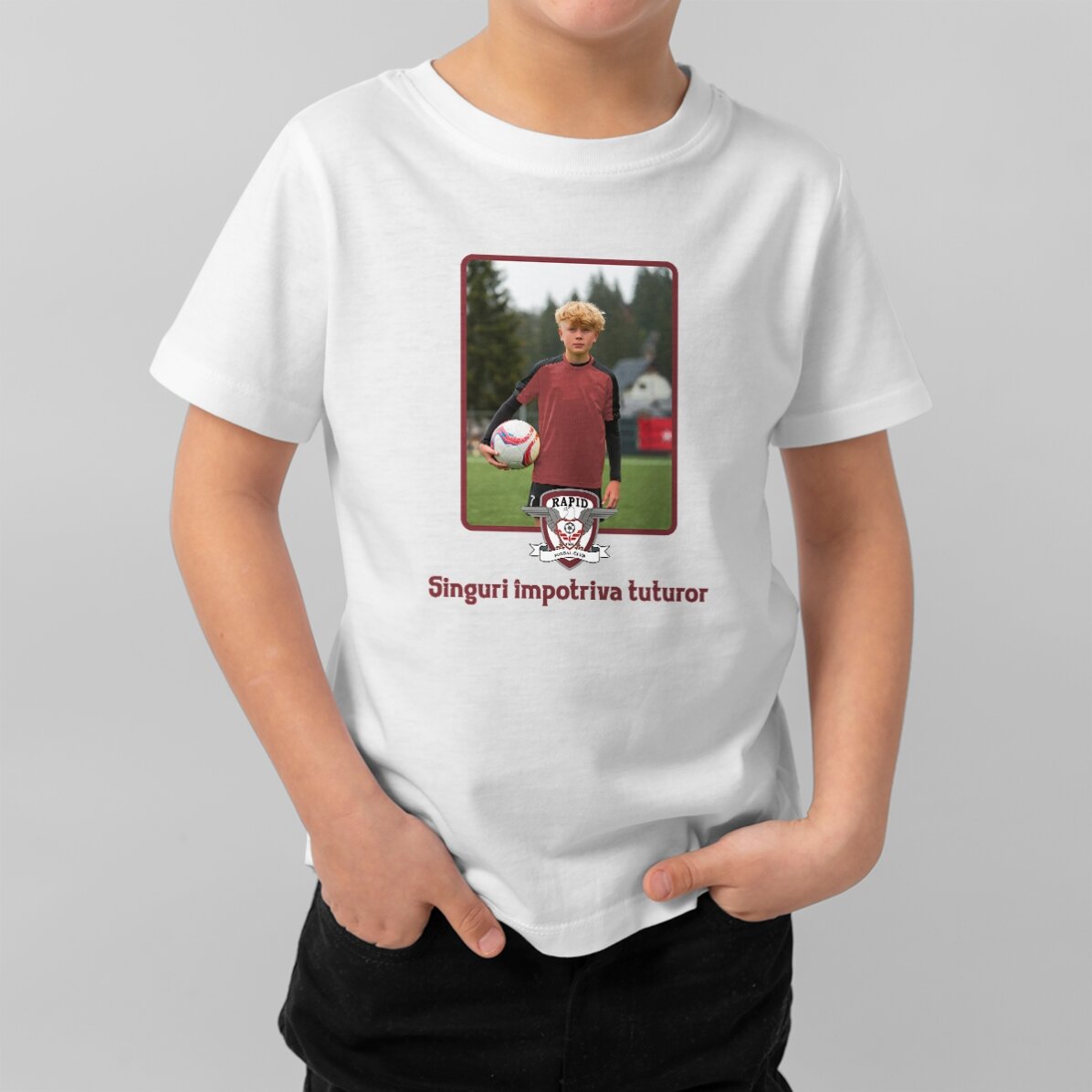 Tricou din bumbac pentru copii FC Rapid personalizat cu poză portret și text