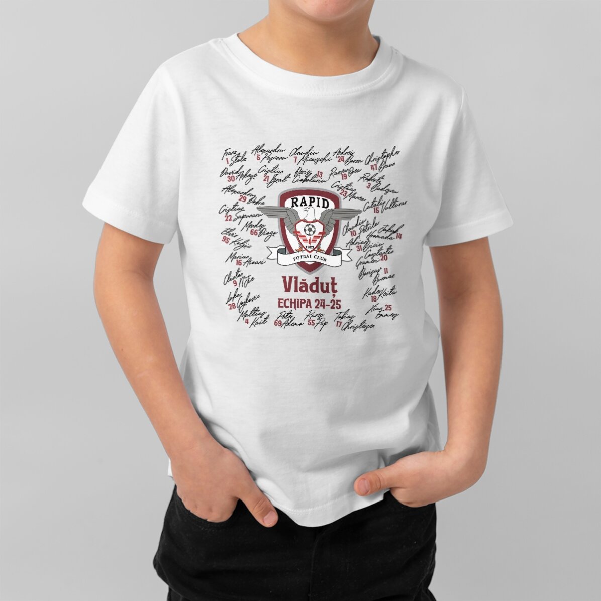 Tricou din bumbac pentru copii FC Rapid personalizat cu text - Echipa 24-25