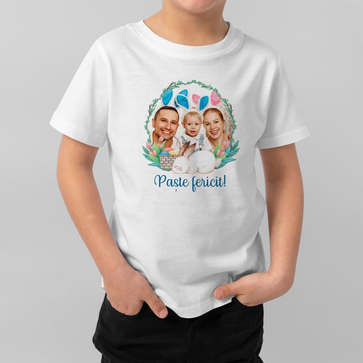 Tricou din bumbac pentru copii personalizat cu o poză și mesaj - Paște fericit!