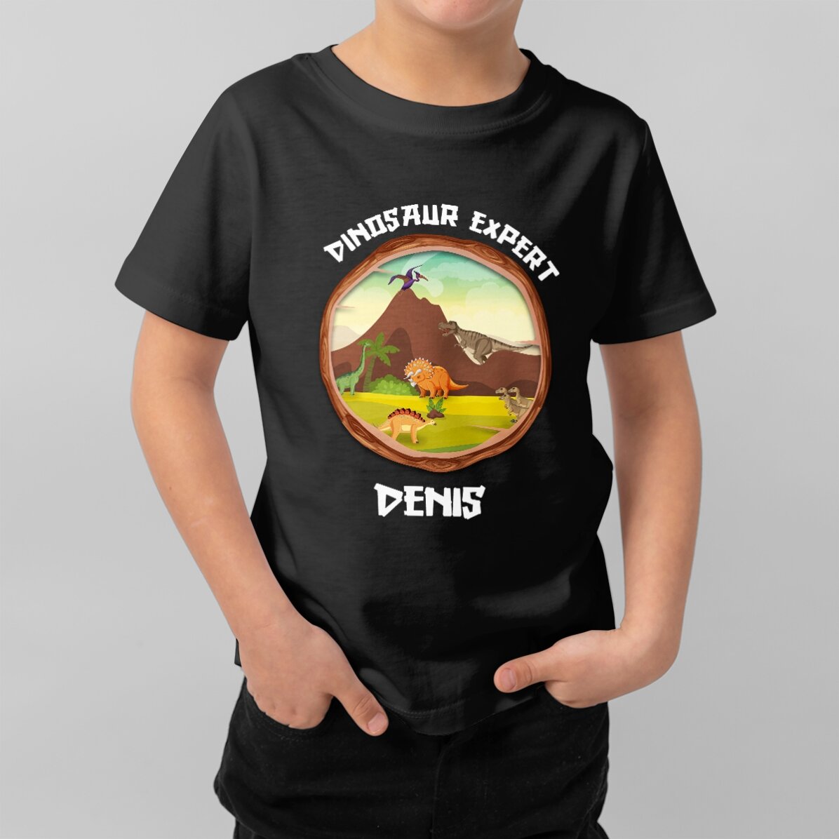 Customised cotton T-shirt for children with text - Dinosaur expert