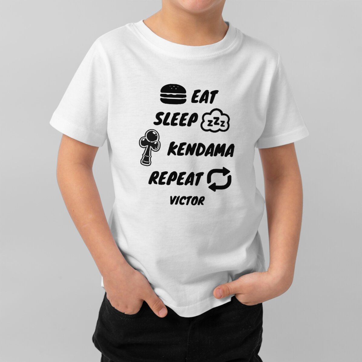 Tricou din bumbac pentru copii personalizat cu text - Eat, sleep, kendama, repeat