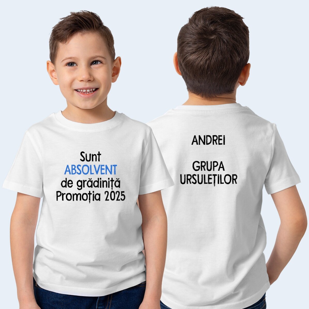 Tricou din bumbac pentru copii personalizat cu text față-verso