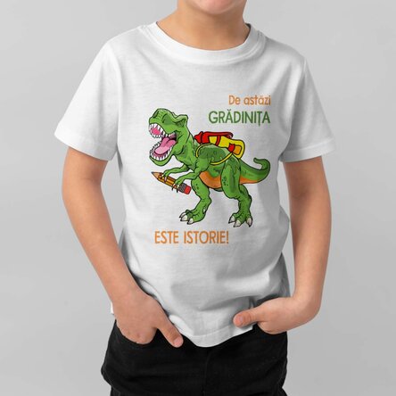 Tricou din bumbac pentru copii personalizat cu text - Grădinița este istorie!