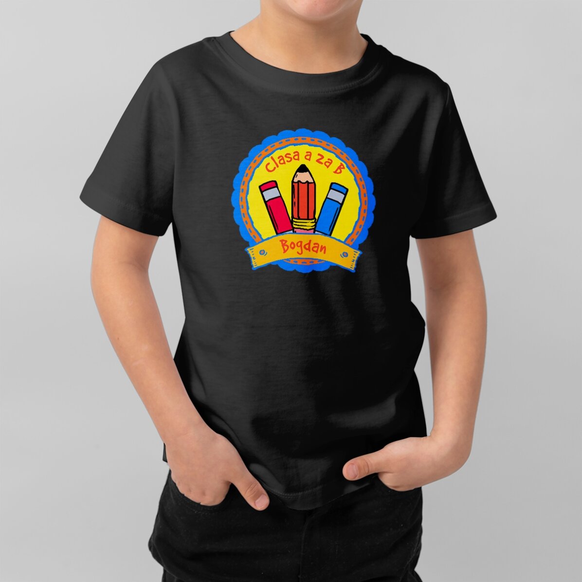 Customised cotton T-shirt for children with text - School Badge