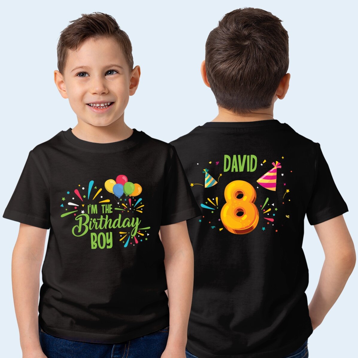 Tricou din bumbac pentru copii personalizat față- verso pentru zi de naștere