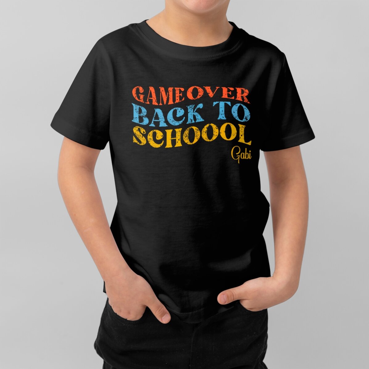 Tricou din bumbac pentru copii personalizat pentru școală cu text - Game Over