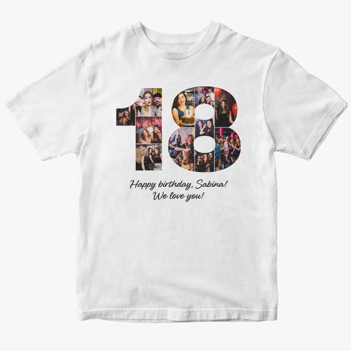 Personalised cotton T-shirt with 11 photos and text for coming of age - 18 years old