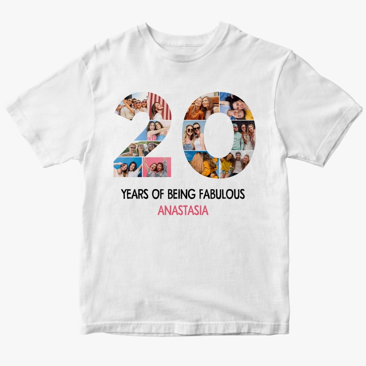 Personalised cotton T-shirt with 12 photos and a message – 20 years